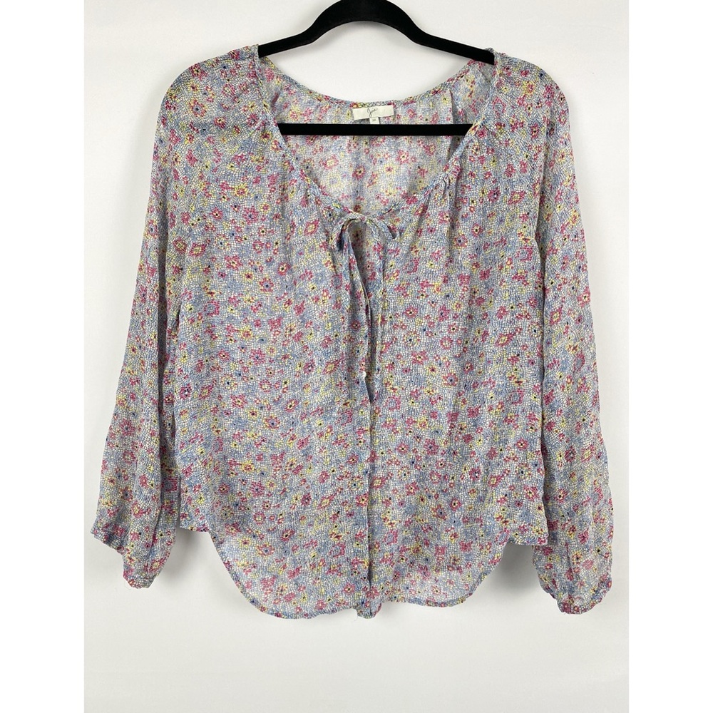 Joie 100% Silk Multicolor Abstract Floral Print Tie Neck Peasant Blouse - Size M